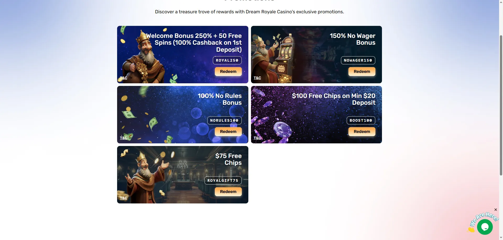 Dream Royale Casino welcome bonus &mdash; $125 free chip and 250% match